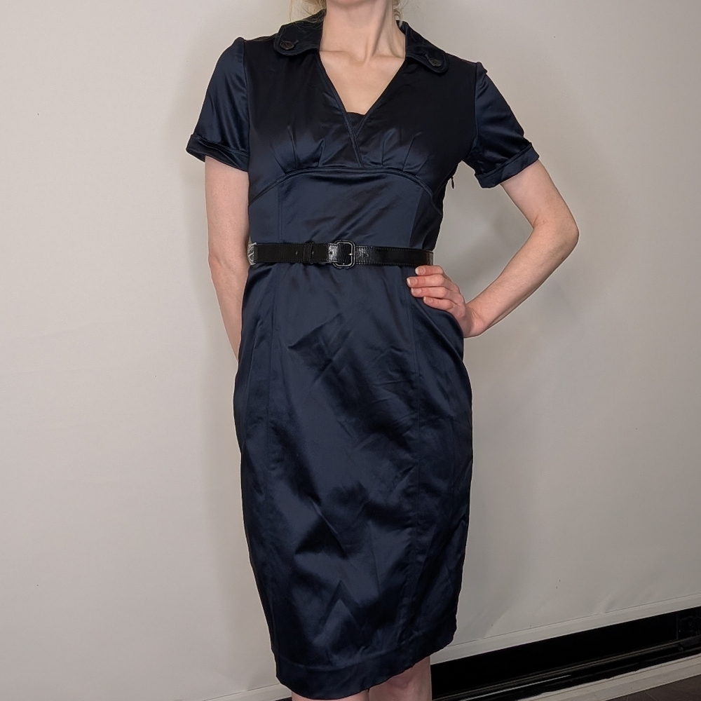Burberry London Navy Belted Sheath Dress Short Sleeve Size 2